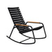 Black outdoor rocking chair with slatted design and wooden armrests on a white background