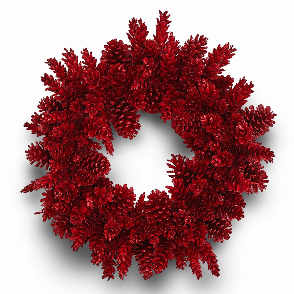 Red pinecone wreath handcrafted with natural pinecones