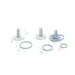 Three sets of white plastic stand inserts with green, blue, and light blue O-rings, shown with dimension labels and measurement lines on a white background.