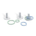 Three white plastic cylindrical stand bases with circular flat feet, shown with several silicone O-rings in light green, dark green, and light blue on a white background.