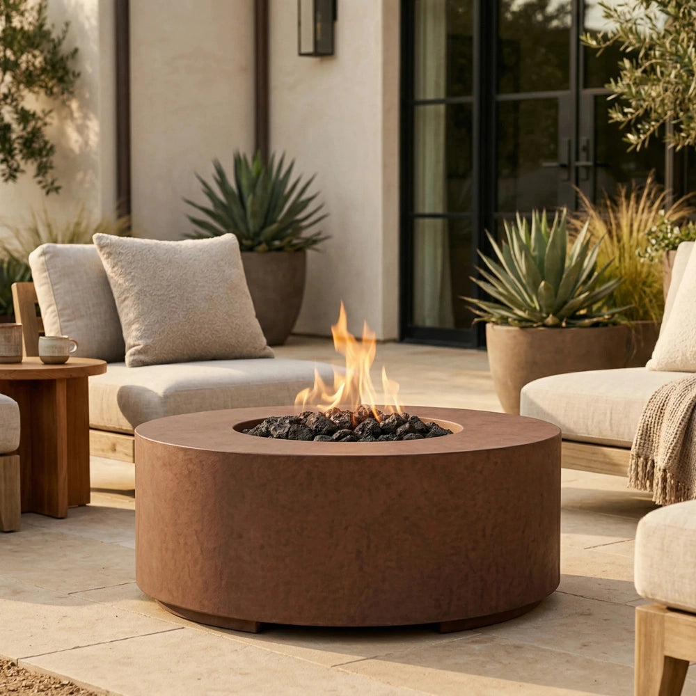 Round outdoor fire pit table with a rusted metal finish, shown lit on a patio with beige lounge chairs, potted plants, and a modern building facade in the background.