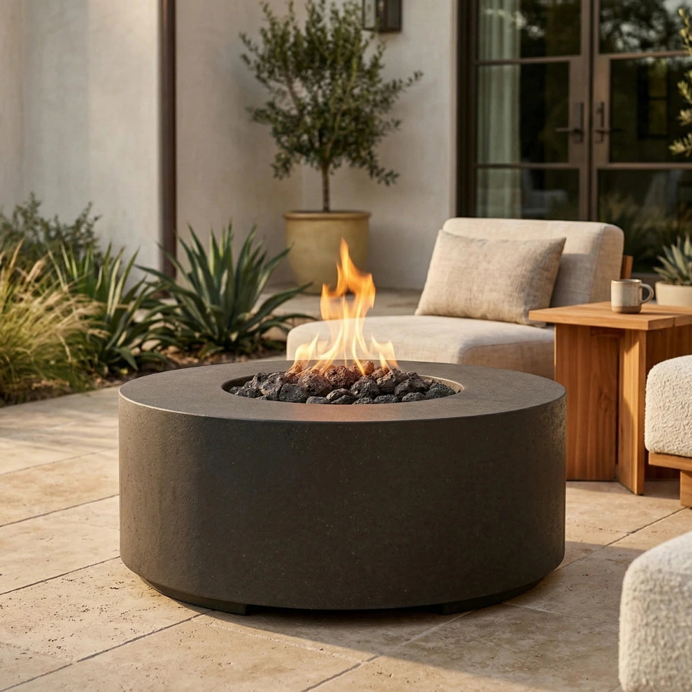 Round fire pit table with flames in an outdoor setting with a couch and coffee table.