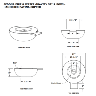 Sedona Hammered Copper Fire & Water Bowl - Gravity Spill Specs