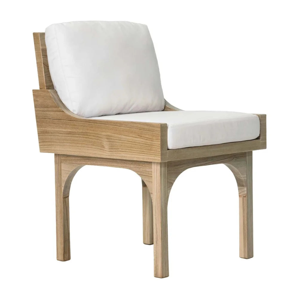 Wooden outdoor chair with white removable cushion.