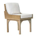 Wooden outdoor chair with white removable cushion.