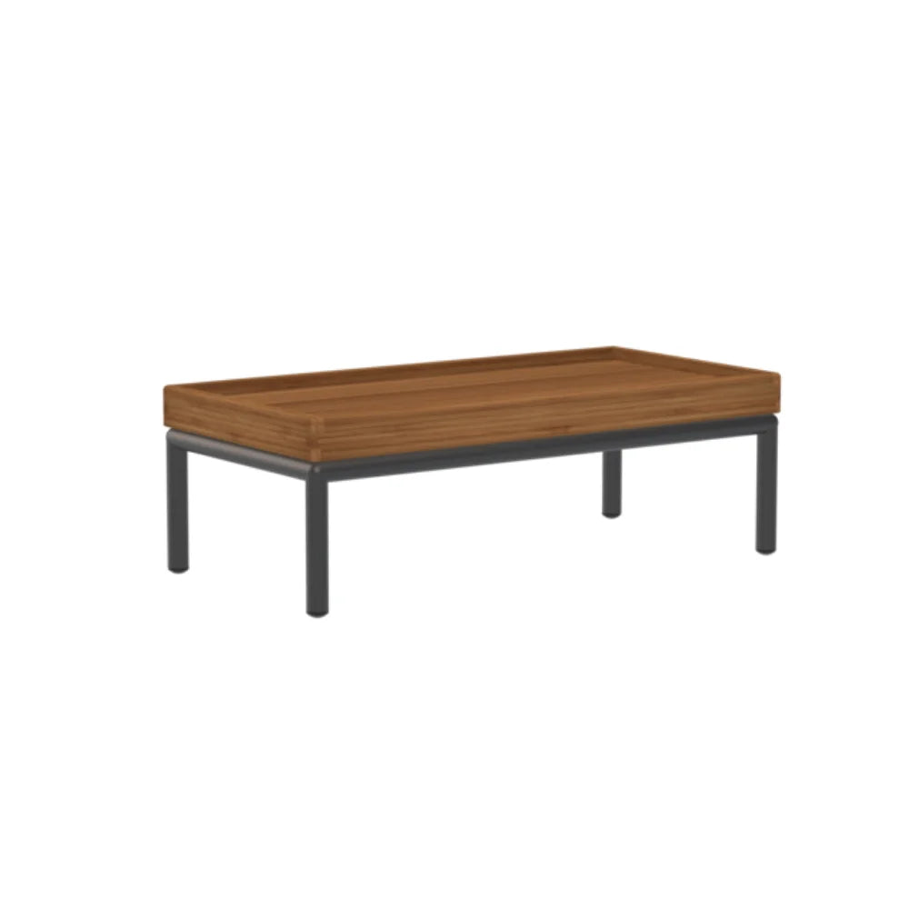 Rectangular outdoor side table with wooden top and dark gray aluminum frame on a white background