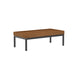 Rectangular outdoor side table with wooden top and dark gray aluminum frame on a white background