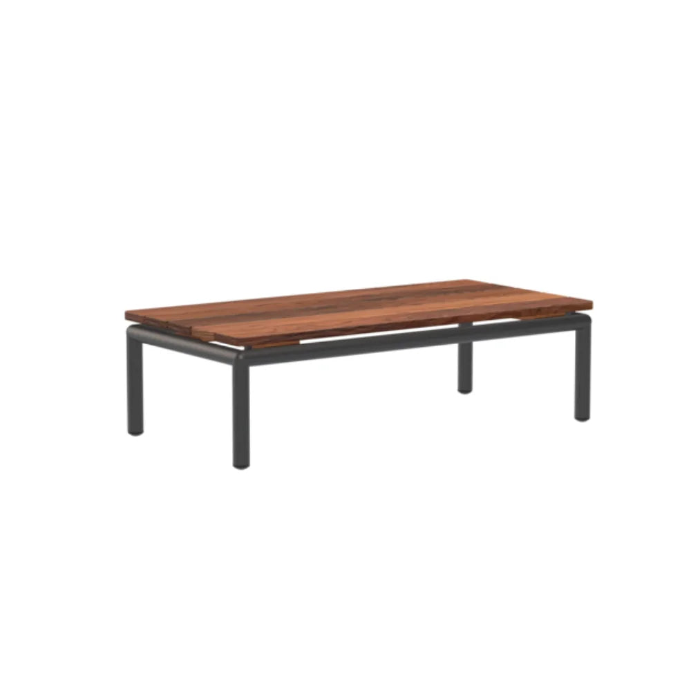 Rectangular patio side table with wooden top and dark gray aluminum base on a white background