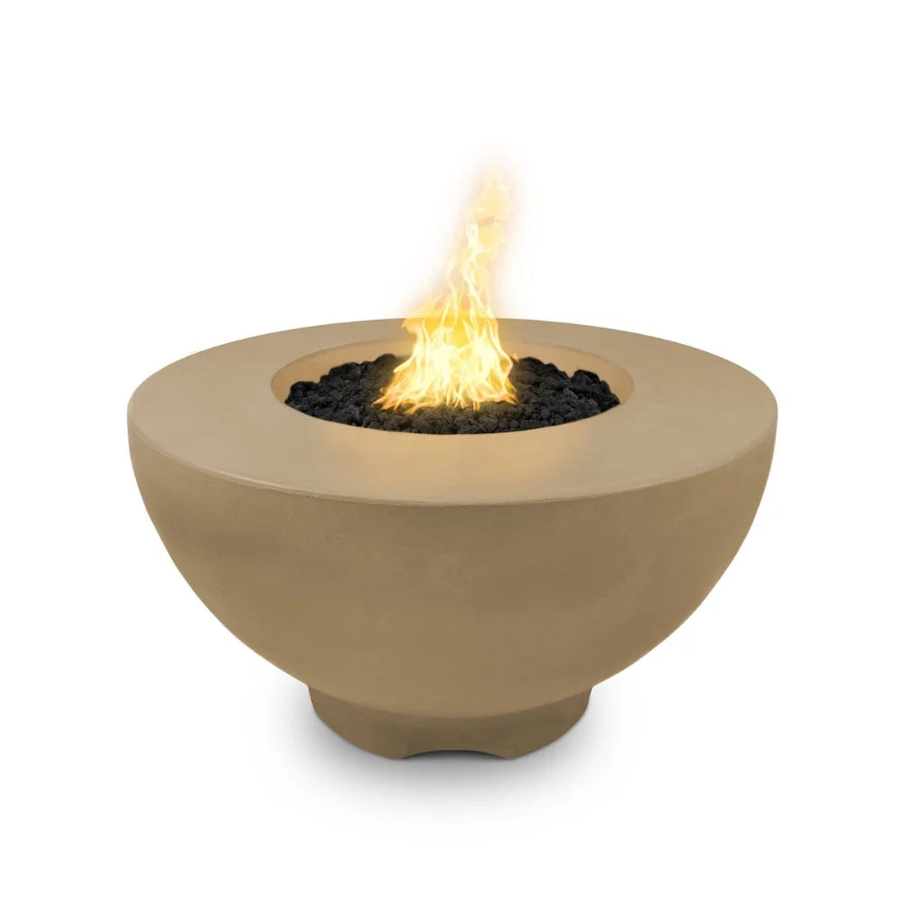 Brown outdoor round concrete fire bowl with flames burning over lava rocks