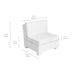 White upholstered single chair shown with dimension callouts and measurements in inches and centimeters on a plain white background.