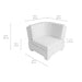 White upholstered corner chair shown on a light gray background with overlaid dimension lines and measurements for width, height, and depth.