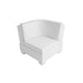 A modern white corner armchair with a low-profile geometric design, featuring a thick cushioned seat and backrest, isolated on a white background.