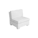 A modern white upholstered corner armchair with a low backrest and blocky geometric base, shown on a plain white background.