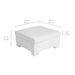 A white upholstered ottoman shown on a light gray background with dimension callouts indicating 32 in x 32 in top, 16 in height, and 4 in front depth.