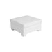 A white upholstered ottoman with a square cushioned top and short block feet, shown on a plain white background.