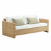 Natural rattan outdoor 3-seater sofa with woven frame, white cushions and beige accent pillows.
