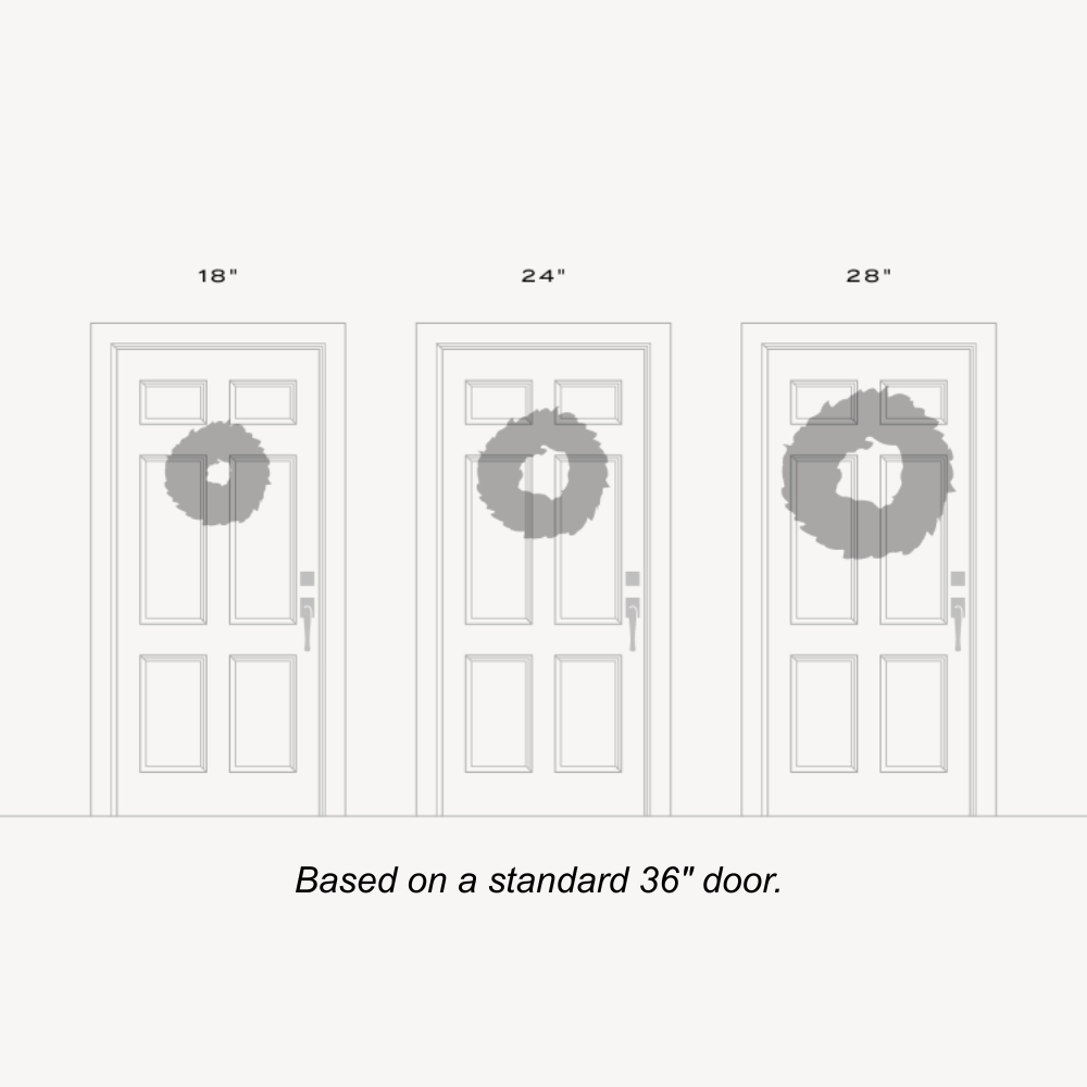 Illustration of three doors with wreaths at different heights, labeled with measurements, on a white background.