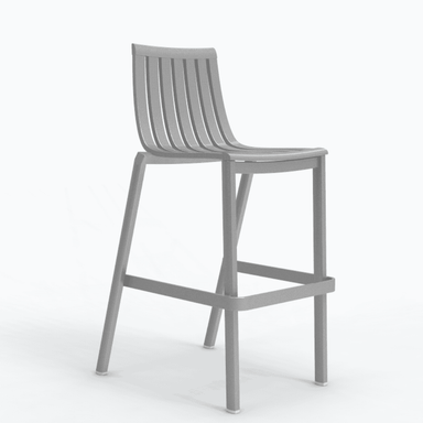 Gray aluminum outdoor stackable counter stool on a white background