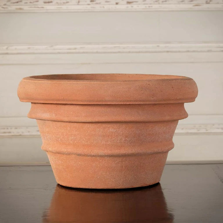 Italian Terracotta Artisan Squat Rolled Rim Vase 9" unplanted