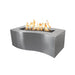 Stainless steel outdoor metal fire pit with lava rocks and flames on top