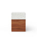 Modern square outdoor side table or stool with a white terrazzo top and slatted wooden base, set against a white background