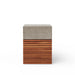 Modern square outdoor side table or stool with gray concrete top and slatted wooden base, on a white background