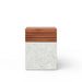  White speckled concrete outdoor side table or stool with slatted wooden top accent against white background