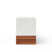 Modern white speckled concrete outdoor side table or stool with slatted wooden base on a white background