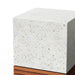 Close-up of square white speckled concrete patio side table or stool with slatted wooden base on a white background