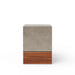 Modern gray square concrete outdoor side table or stool with slatted wooden base on a plain white background
