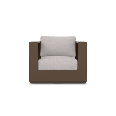 An outdoor swivel club chair that is made with matte bronze aluminum and solvita fabric.