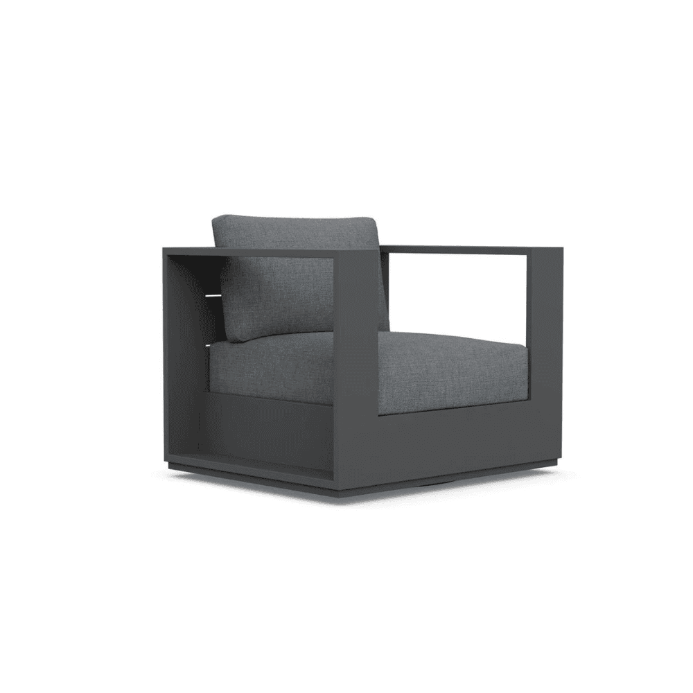 An outdoor swivel club chair that is made with charcoal aluminum and solvita fabric.