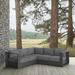 An L-shaped sectional sofa that is made with charcoal aluminum and solvita fabric.