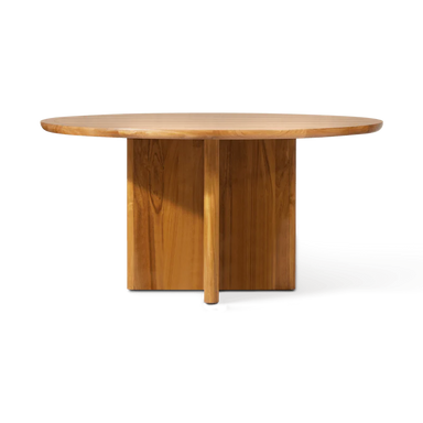 Round wooden outdoor dining table with a four-panel central support base, showcasing natural wood grain.