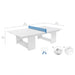 White ping-pong table with a blue net, shown with dimension lines and measurements on a light gray background, plus small inset detail circles and paddle icons.