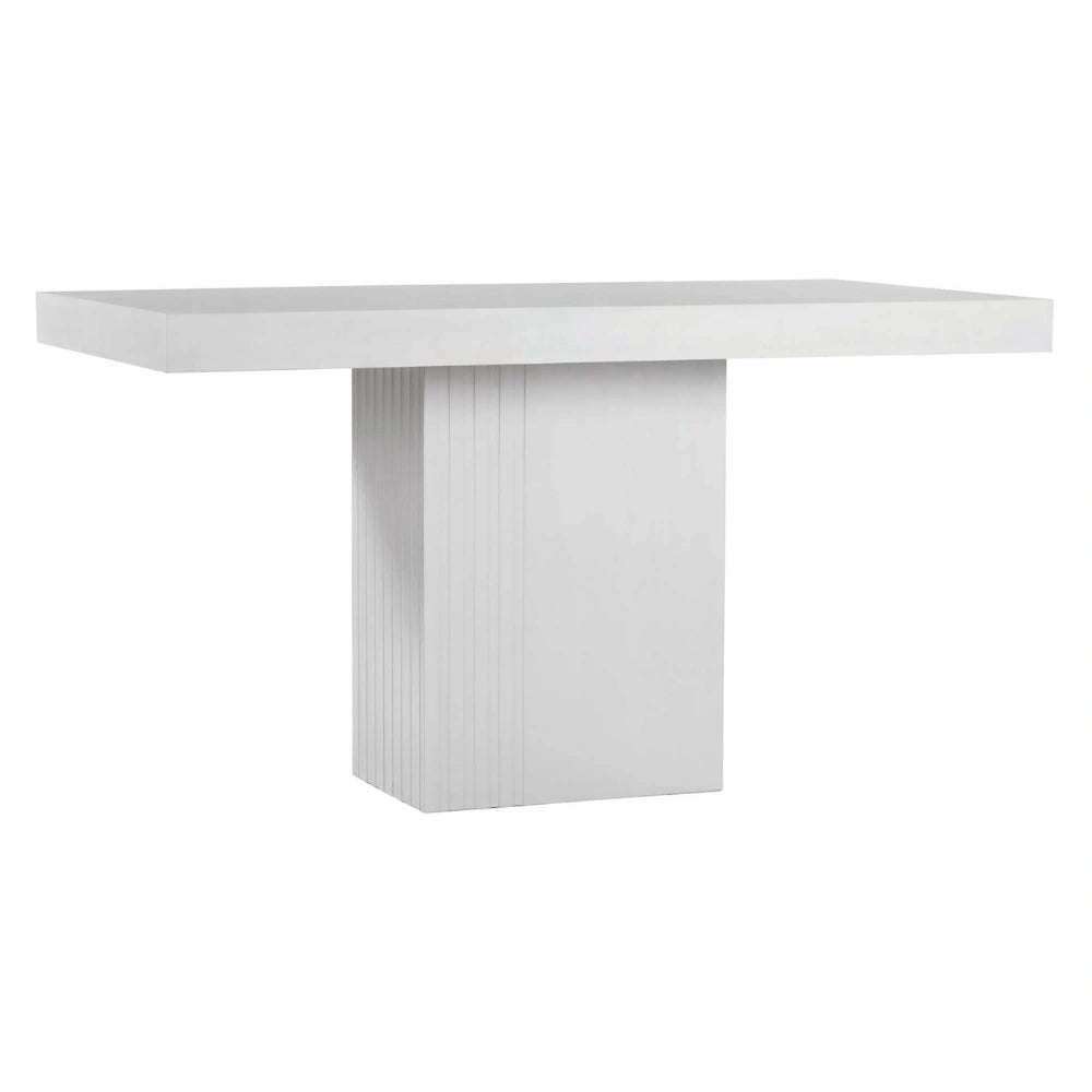 A white concrete counter table featuring a sleek rectangular base, designed for modern outdoor areas.