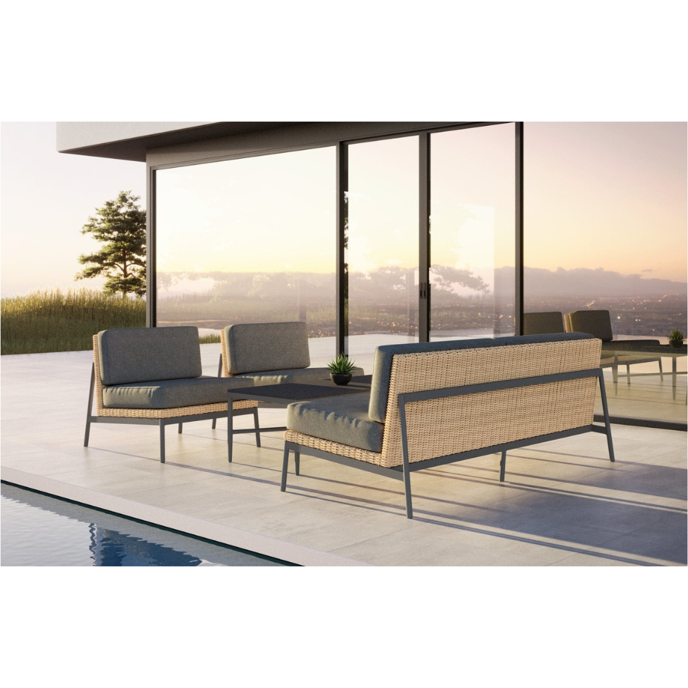 Boxhill's Terra Outdoor Club Chair lifestyle image with Terra 3 Seat Sofa and Corsica Coffee Table