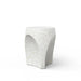 Modern round white concrete outdoor side table with curved indentations and speckled texture on a white background