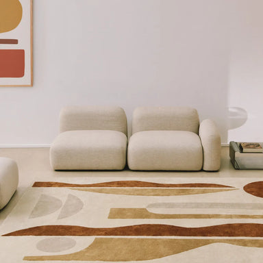 Rectangular rug in beige and brown hand-tufted polyester with abstract pattern, styled in living room