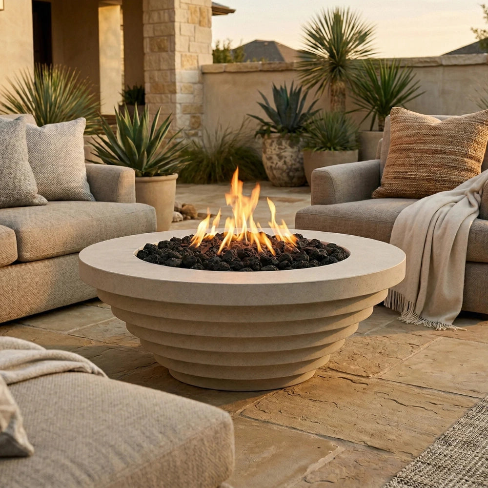 A round concrete fire pit table with a glowing fire in the center, set on a stone patio between two beige outdoor sofas with pillows and a throw blanket.