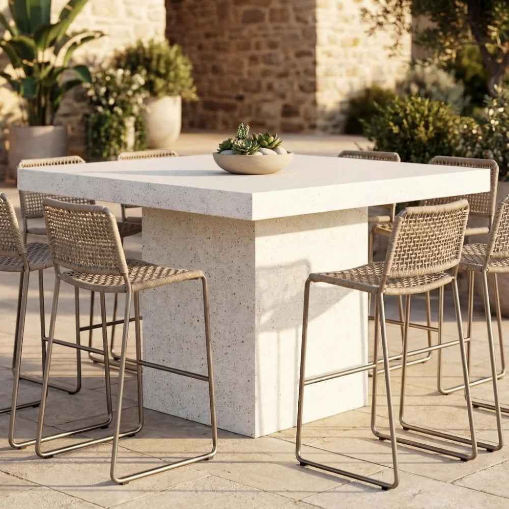 Outdoor patio with square white concrete bar table, beige wicker high chairs, surrounded by greenery