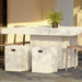 Patio dining area with white speckled square outdoor dining table, two white stool, and beige chairs