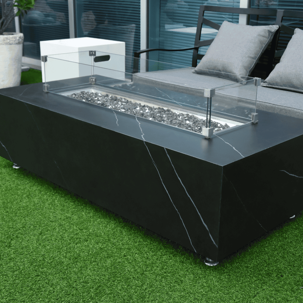 Boxhill's Varna Marble Porcelain Outdoor Fire Table with wind screen