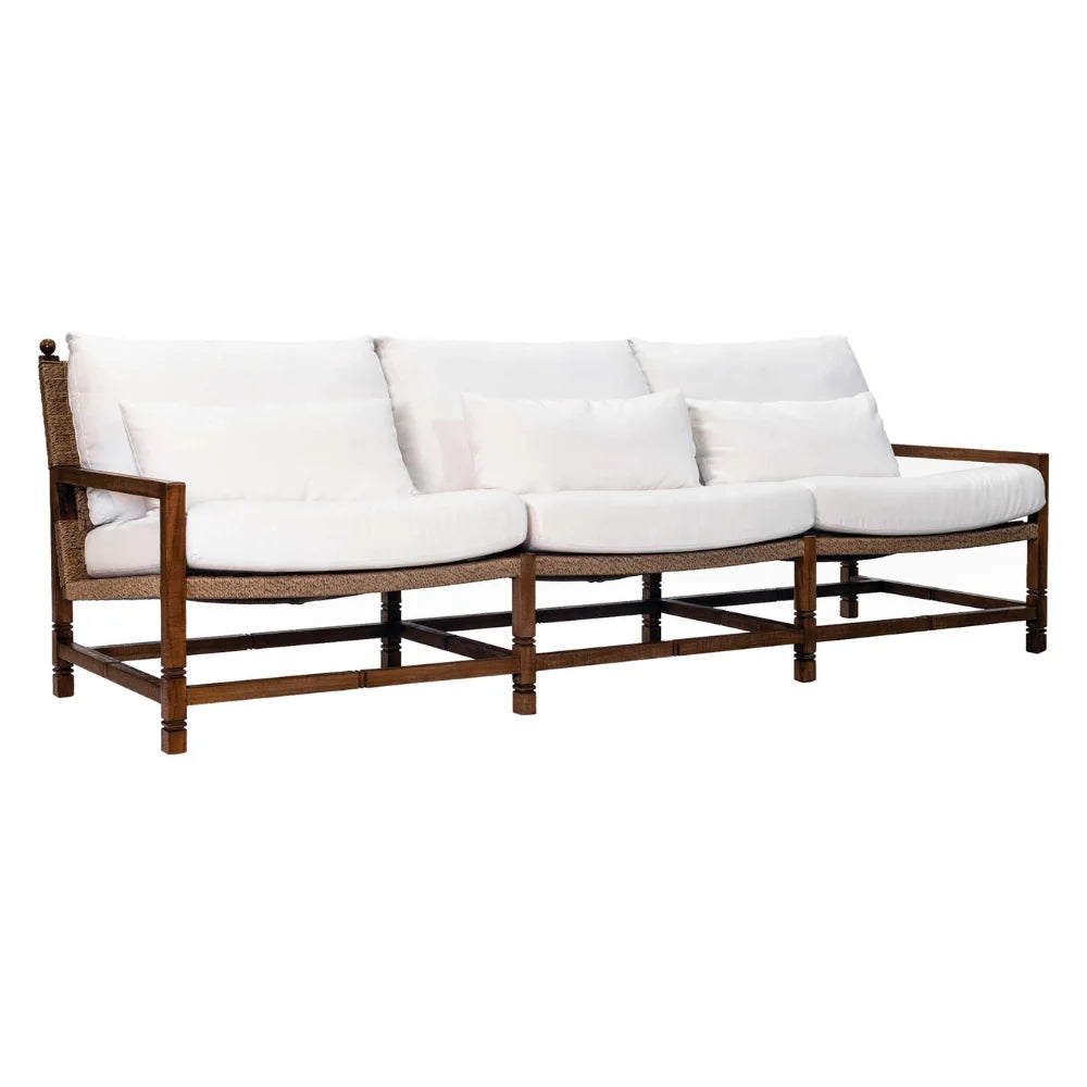Wooden outdoor sofa with white removable cushions.