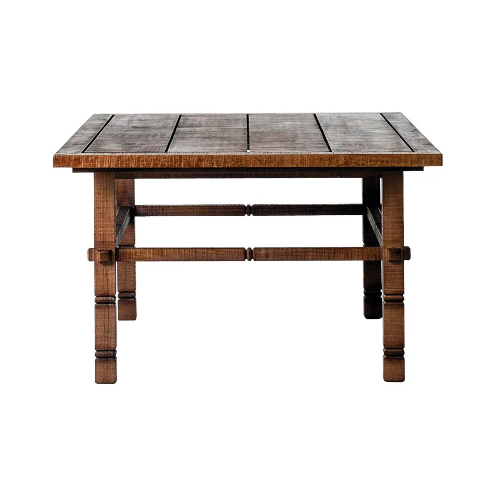 Wooden outdoor coffee table with a rustic design on a white background