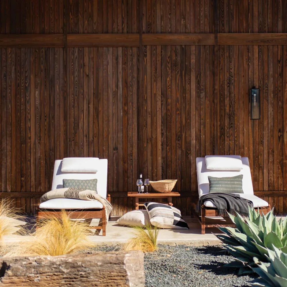 Two lounge chairs with cushions against a wooden wall, surrounded by plants.