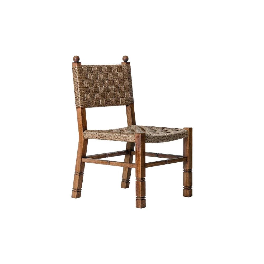 Wooden outdoor dining chair with woven seat and backrest on a white background