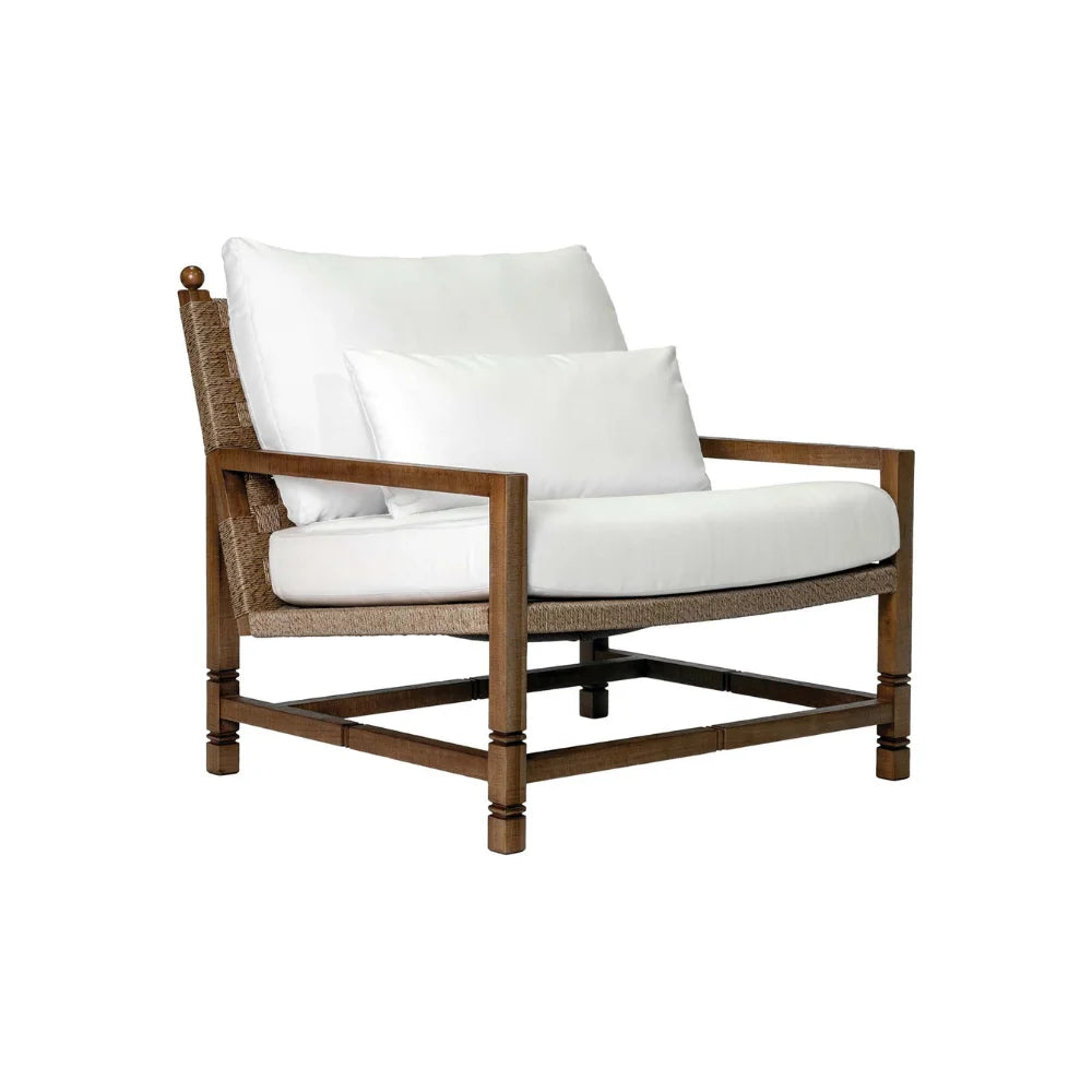 Wooden outdoor  armchair with white removable cushions.