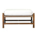Wooden outdoor ottoman with a white cushion on top.