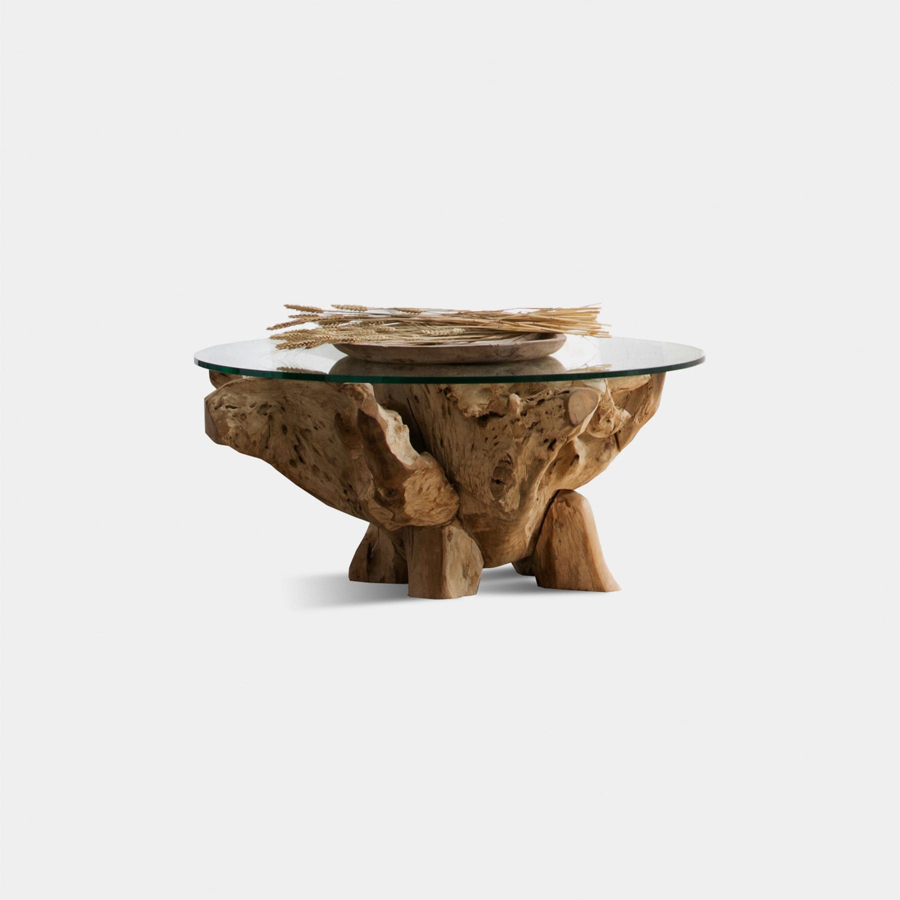 PURE ROOT COFFEE TABLE 800. Teak root base with glass top. Width (in)	39.25 Depth (in)	31.5 Height (in)	15.7 Weight (lb)	127.9